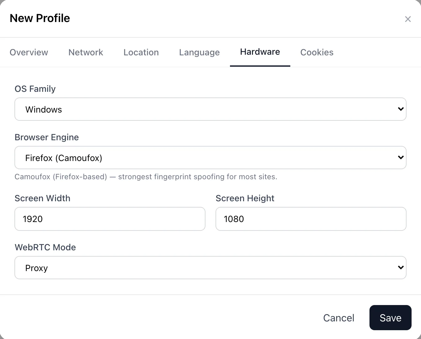 Hardware tab with OS family, browser engine, screen size and WebRTC mode